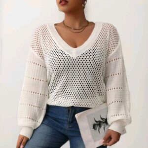 Lord & Taylor 424 Fifth Cotton Open Knit Sweater Plus Size 1X Mesh Stretch White